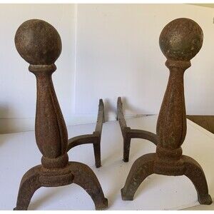 Antique Cast Iron Andirons Vtg  Fireplace Firedogs ‘United Mfg’ Log Holder HEAVY